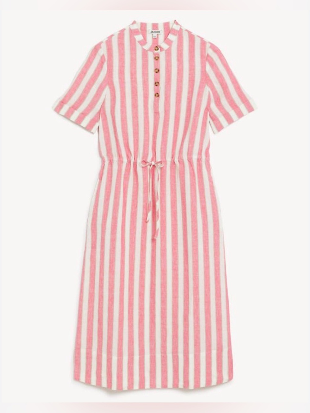 Jaeger Shop Pure Linen Striped Midi Waisted Dress Pink white 18/Large - Picture 2 of 14